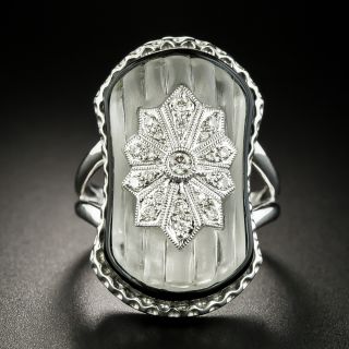 Art Deco Style Rock Crystal, Onyx and Diamond Ring - 3