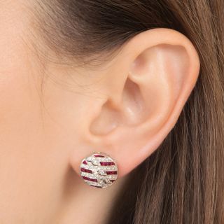 Art Deco Style Ruby and Diamond Button Earrings