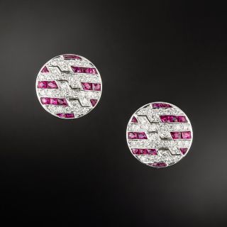 Art Deco Style Ruby and Diamond Button Earrings - 2