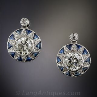 Art Deco Style Sapphire and Diamond Platinum  Earrings