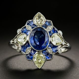 Art Deco Style Sapphire and Pear Shape Diamond Ring - 1