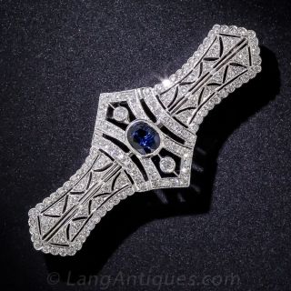 Art Deco Style Sapphire Diamond Platinum Brooch - 1