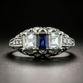 Art Deco Style Sapphire Diamond Platinum Ring - 1