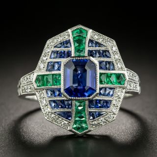 Art Deco Style Sapphire, Emerald and Diamond Ring - 2