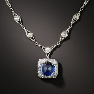 Art Deco Synthetic Cabochon Sapphire and Diamond Necklace - 3