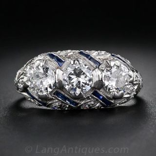 Art Deco Three Diamond and Calibre Sapphire Ring