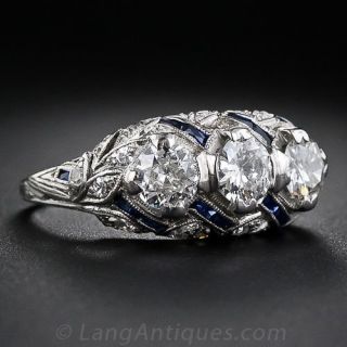 Art Deco Three Diamond and Calibre Sapphire Ring