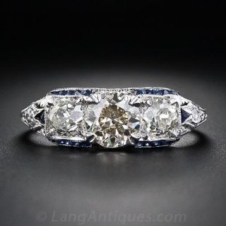 Art Deco Three Stone Diamond and Calibre Sapphire Ring