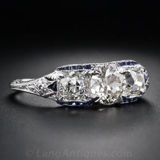 Art Deco Three Stone Diamond and Calibre Sapphire Ring