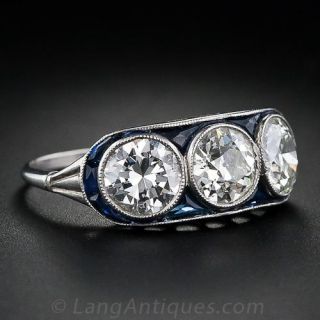 Art Deco Three Stone Diamond and Sapphire Ring