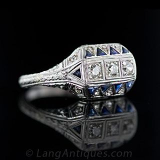 Art Deco Three Stone Diamond and Sapphire Ring