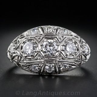 Art Deco Three-Stone Diamond Dome Ring