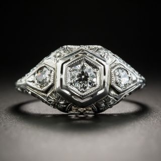 Art Deco Three-Stone Diamond Ring 18K White Gold