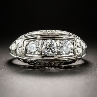 Art Deco Three-Stone Diamond Ring in 18K White Gold 