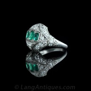 Art Deco Three-Stone Emerald and Diamond Ring