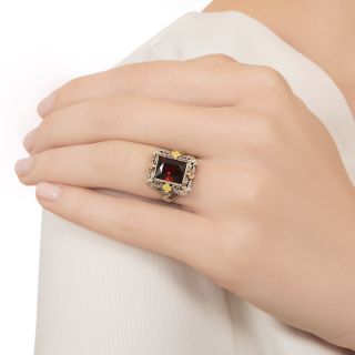 Art Deco Tri-Color Gold Garnet  And Enamel Ring