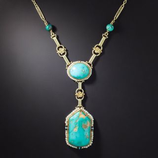 Art Deco Turquoise, Enamel, and Seed Pearl Necklace - 3