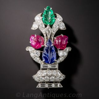 Art Deco 'Tutti-Frutti' Flower Basket Pin - 1