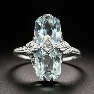 Art Deco Twin Aquamarine and Diamond Ring - 2