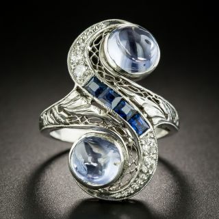 Art Deco Twin Cabochon Sapphire and Diamond Dinner Ring - 2