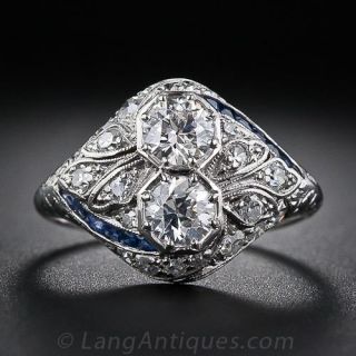 Art Deco Twin Diamond and Calibre Sapphire Dinner Ring