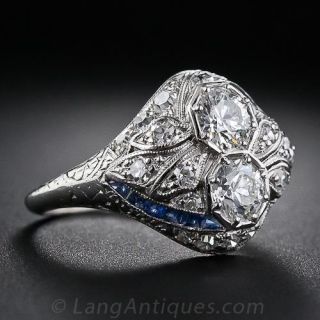 Art Deco Twin Diamond and Calibre Sapphire Dinner Ring