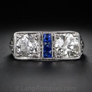 Art Deco Twin Diamond and Calibre Sapphire Ring