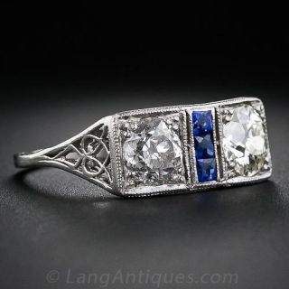 Art Deco Twin Diamond and Calibre Sapphire Ring