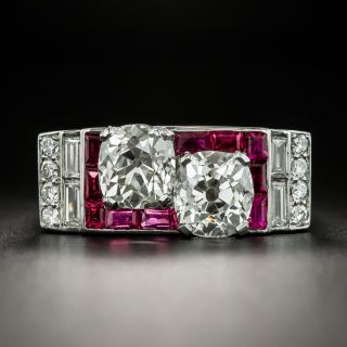Art Deco Twin Diamond and Ruby Ring - 2