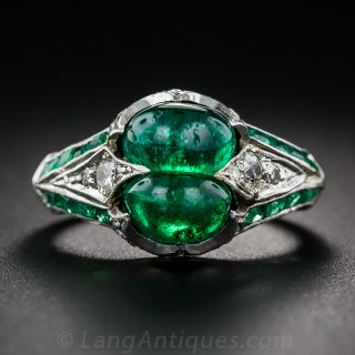 Art Deco Twin Emerald, Diamond and Platinum Ring