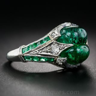 Art Deco Twin Emerald, Diamond and Platinum Ring