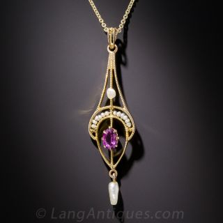 Art Nouveau 10k Gold, Pink Glass and Pearl Necklace