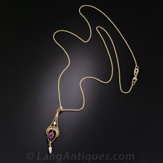 Art Nouveau 10k Gold, Pink Glass and Pearl Necklace