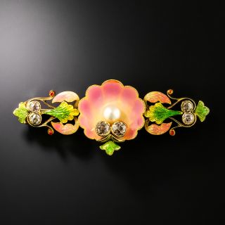 Art Nouveau 18K Enamel, Brown Diamond and Natural Pearl Shell Brooch - 2