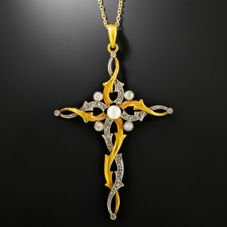 Art Nouveau 18K/Platinum Diamond and Natural Pearl Cross - 2