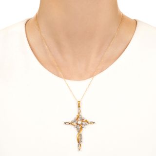 Art Nouveau 18K/Platinum Diamond and Natural Pearl Cross