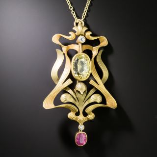 Art Nouveau 5.60 Carat No-Heat Yellow Sapphire And Tourmaline Lavaliere/Brooch - GIA - 2