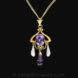 Art Nouveau Amethyst and Freshwater Pearl Pendant