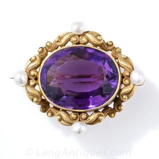 Art Nouveau Amethyst and Pearl Brooch - 2