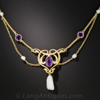 Art Nouveau Amethyst and Pearl Necklace by Krementz