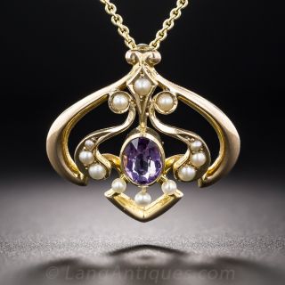 Art Nouveau Amethyst and Pearl Pendant