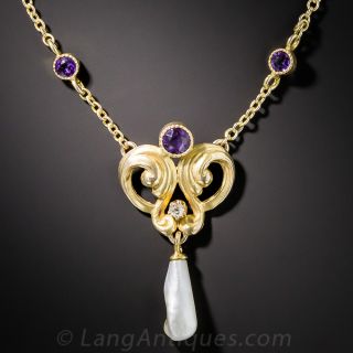 Art Nouveau Amethyst and Pearl Pendant  