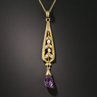 Art Nouveau Amethyst and Seed Pearl Pendant Necklace 