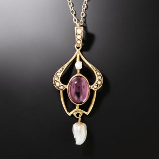 Art Nouveau Amethyst Cabochon and Pearl Necklace - 2