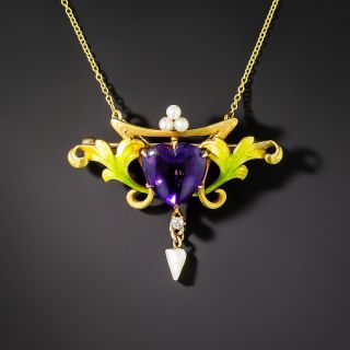 Art Nouveau Amethyst, Enamel and Diamond Pendant/Pin - 2