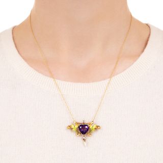 Art Nouveau Amethyst, Enamel and Diamond Pendant/Pin