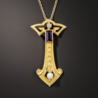 Art Nouveau Amethyst Pearl and Diamond Pendant by Brassler