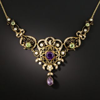 Art Nouveau Amethyst, Peridot, and Pearl Necklace - 2