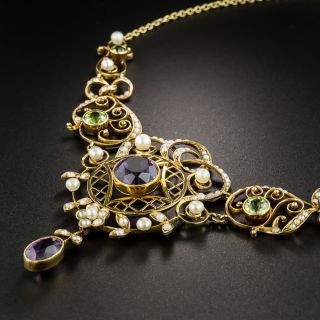Art Nouveau Amethyst, Peridot, and Pearl Necklace