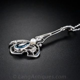 Art Nouveau Aquamarine and Diamond Necklace